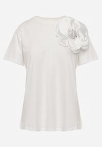 Renee - Biały T-shirt Bluzka z Bawełny z Krótkim Rękawem i Aplikacją Kwiatu Dimasa. Okazja: na randkę, na urodziny, na imprezę. Kolor: biały. Materiał: bawełna. Długość rękawa: krótki rękaw. Długość: krótkie. Wzór: aplikacja, kwiaty. Sezon: lato. Styl: klasyczny #6