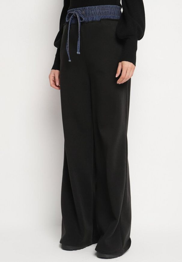 Born2be - Czarne Szerokie Spodnie z Bawełną Wysokim Stanem i Wstawką Imitującą Jeans Tannira. Stan: podwyższony. Kolor: czarny. Materiał: bawełna, jeans. Styl: klasyczny