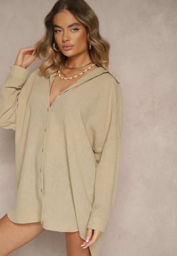 Renee - Beżowa Koszula o Fasonie Oversize w Klasycznym Stylu Marionera. Okazja: na co dzień. Kolor: beżowy. Materiał: bawełna, materiał. Długość rękawa: długi rękaw. Długość: długie. Styl: klasyczny