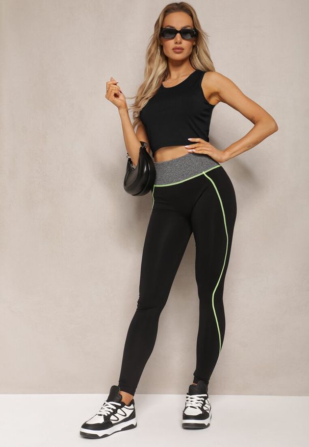 Renee - Czarno-Zielone Legginsy Sabrigoria. Kolor: czarny. Długość: długie. Wzór: kolorowy. Styl: sportowy