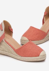 Renee - Pomarańczowe Wiązane Sandały Espadryle na Wysokim Koturnie z Plecionką Perselia. Kolor: pomarańczowy. Wzór: aplikacja. Obcas: na koturnie. Styl: boho