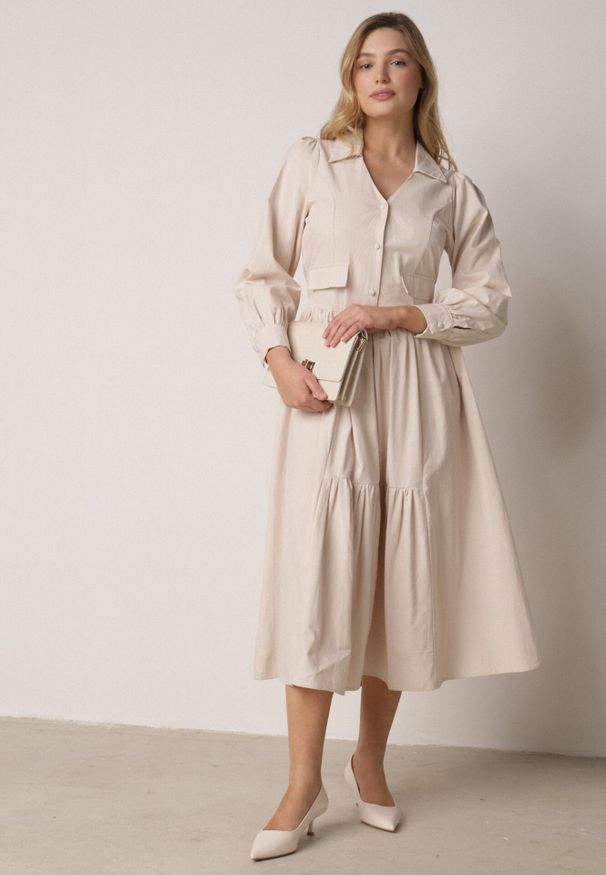 Born2be - Beżowa Bawełniano-Wiskozowa Sukienka Koszulowa z Imitacją Kieszeni Biriala. Okazja: na co dzień. Kolor: beżowy. Materiał: wiskoza, bawełna. Typ sukienki: koszulowe. Styl: casual, klasyczny, elegancki