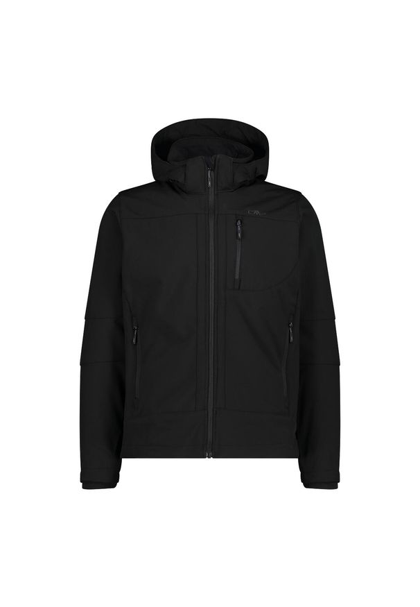 Kurtka turystyczna z kapturem zapinanym na zamek CMP. Typ kołnierza: kaptur. Kolor: czarny. Materiał: softshell. Sport: turystyka piesza