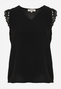 Renee - Czarna Bluzka Top z Tkaniny Plumeti z Ozdobną Koronką Caliya. Okazja: na co dzień. Kolor: czarny. Materiał: koronka, tkanina. Wzór: koronka. Styl: casual #7