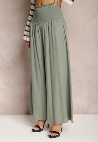 Renee - Zielone Szerokie Spodnie Culottes z Bawełny z Gumką w Talii Ifletia. Kolor: zielony. Materiał: bawełna. Styl: wakacyjny #5