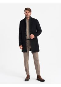 Ombre Clothing - Jednorzędowy długi płaszcz męski w stylu garniturowym – czarny V1. Kolor: czarny. Materiał: tkanina, poliester, materiał. Długość: długie. Wzór: jednolity. Styl: elegancki