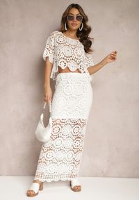 Renee - Biały Bawełniany Komplet Boho z Ażurowymi Wycięciami Spódnica Maxi i Bluzka Belrina. Kolor: biały. Materiał: bawełna. Wzór: ażurowy #4
