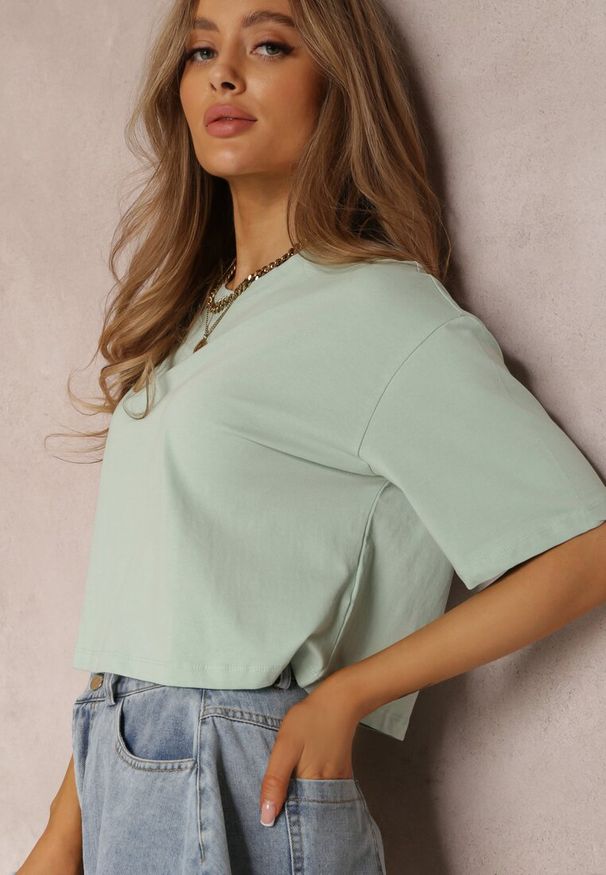 Renee - Miętowy T-shirt Phelista. Okazja: na co dzień. Kolor: miętowy. Materiał: jeans. Długość rękawa: krótki rękaw. Długość: krótkie. Styl: klasyczny, casual