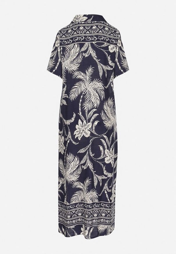 Born2be - Granatowa Koszulowa Sukienka z Wiskozy w Kwiatowy Wzór z Kieszeniami Eramira. Okazja: na co dzień. Kolor: niebieski. Materiał: wiskoza. Długość rękawa: długi rękaw. Wzór: kwiaty. Sezon: lato. Typ sukienki: koszulowe. Styl: casual, elegancki