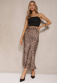 Renee - Brązowa Spódnica High Waist ze Zwierzęcym Printem i Gumką w Talii Dimella. Stan: podwyższony. Kolor: brązowy. Materiał: jedwab, wiskoza, materiał. Wzór: motyw zwierzęcy, nadruk. Styl: klasyczny, elegancki, wizytowy