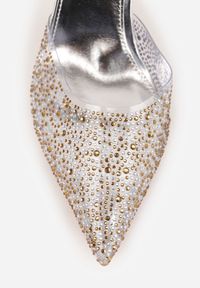 Born2be - Srebrne Transparentne Szpilki z Odkrytą Piętą i Cyrkoniami na Nosku Ilunatia. Okazja: na co dzień, na randkę, na ślub cywilny, na wesele. Kolor: srebrny. Materiał: jeans. Obcas: na szpilce. Styl: casual, elegancki, wizytowy #5