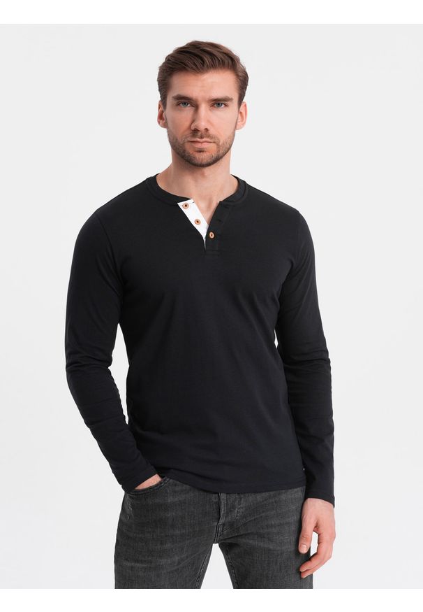 Ombre Clothing - Longsleeve męski z guzikami przy dekolcie - czarny V4 - Rozmiar: L. Okazja: na co dzień. Kolor: czarny. Materiał: bawełna, dzianina, jersey. Długość rękawa: długi rękaw. Wzór: aplikacja. Styl: casual, klasyczny