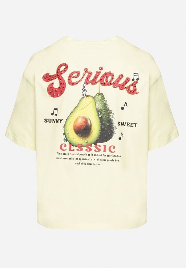 Born2be - Żółty T-shirt z Bawełną i Motywem Awokado Addixa. Okazja: na co dzień. Kolor: żółty. Materiał: bawełna. Styl: klasyczny, casual