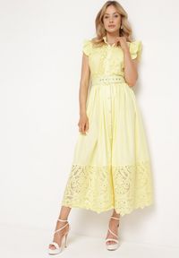 Born2be - Żółta Sukienka Ażurowa o Koszulowym Kroju z Paskiem z Ekoskóry Trija. Okazja: na co dzień, na imprezę. Kolor: żółty. Wzór: ażurowy. Typ sukienki: koszulowe. Styl: casual, elegancki #1