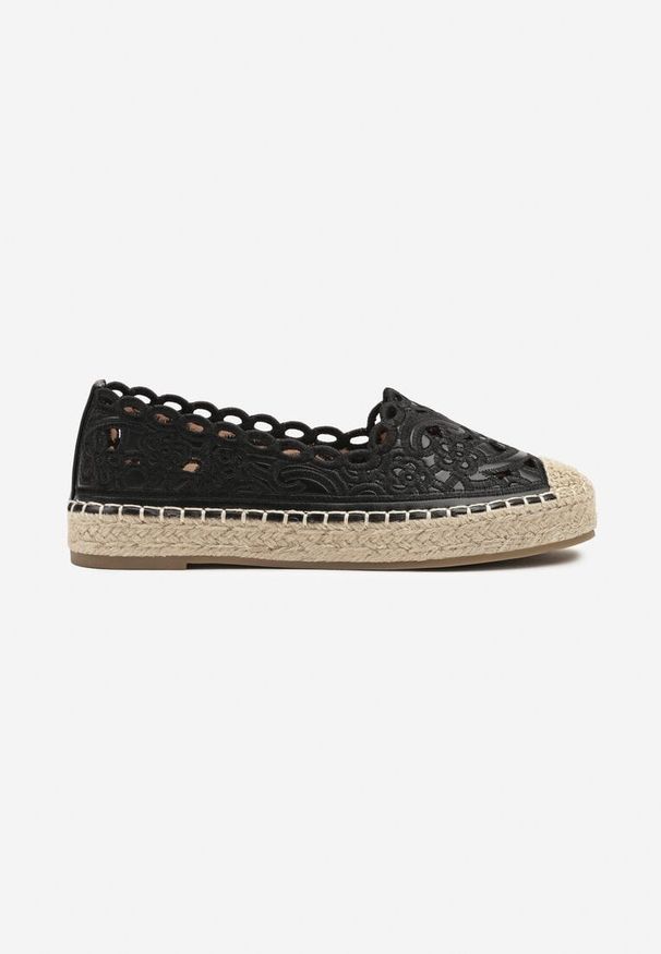 Born2be - Czarne Espadryle z Plecionką i Ażurowymi Wycięciami z Koronką Janiriss. Okazja: na co dzień, na spacer. Kolor: czarny. Materiał: koronka. Wzór: ażurowy, koronka. Styl: elegancki, casual