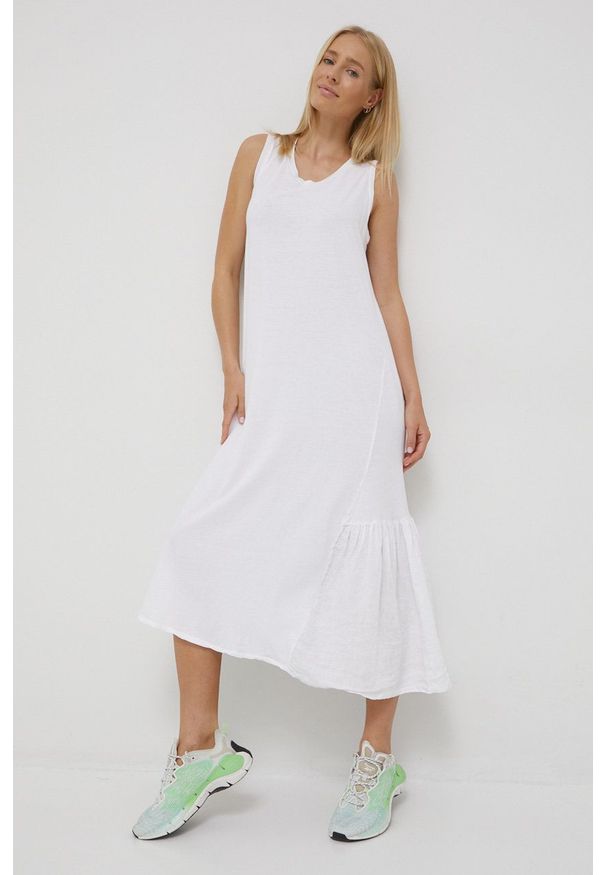 Deha sukienka kolor biały midi prosta. Okazja: na co dzień. Kolor: biały. Materiał: syntetyk, materiał, dzianina, włókno. Wzór: gładki. Typ sukienki: proste. Styl: casual. Długość: midi