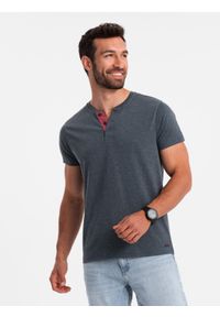 Ombre Clothing - T-shirt męski z rozpinanym okrągłym dekoltem henley – granatowy V5. Okazja: na co dzień. Typ kołnierza: typu henley. Kolor: niebieski. Materiał: poliester, bawełna. Styl: casual #8