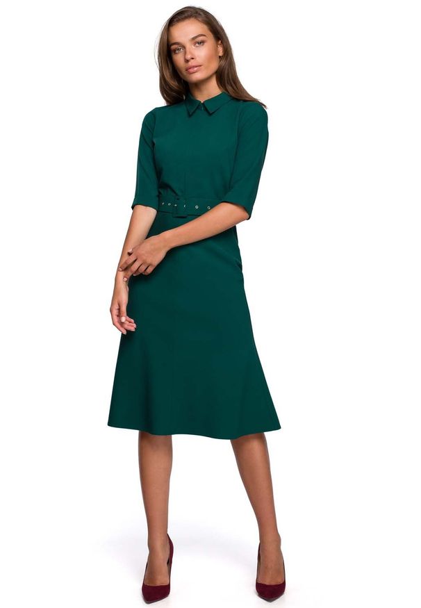 MOE - Sukienka z Kołnierzykiem i Suwakiem z Przodu - Zielona. Kolor: zielony. Materiał: poliester, elastan, wiskoza
