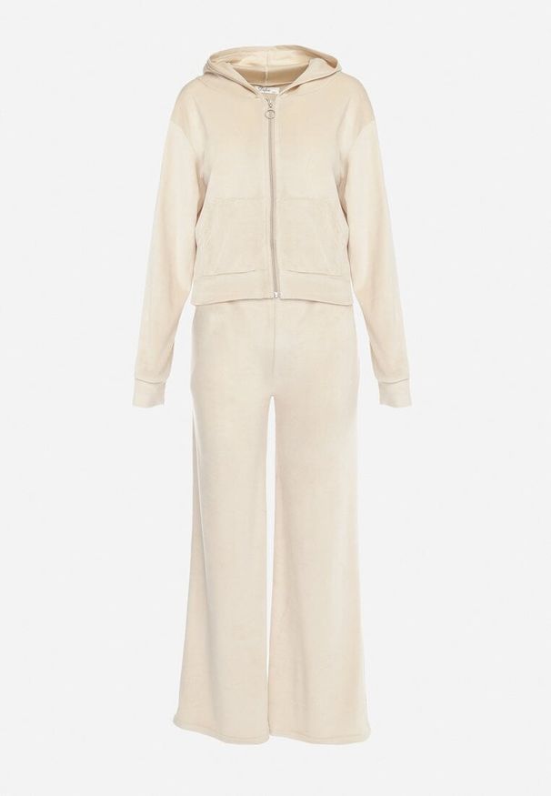 Born2be - Beżowy Welurowy Komplet Dresowy z Krótką Bluzą i Szerokimi Spodniami Arilei. Kolor: beżowy. Materiał: welur, dresówka