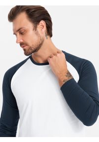 Ombre Clothing - Męski longsleeve z kontrastowymi raglanowymi rękawami – biało-granatowy V1 OM-LSCL-0105 - XXL. Okazja: na co dzień. Kolor: biały. Materiał: dzianina, bawełna, jersey, materiał, skóra. Długość rękawa: długi rękaw. Wzór: ze splotem. Styl: klasyczny, casual #3