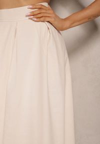 Renee - Beżowa Rozkloszowana Spódnica z Bawełną High Waist Katavira. Okazja: na co dzień. Stan: podwyższony. Kolor: beżowy. Materiał: bawełna. Styl: casual, elegancki
