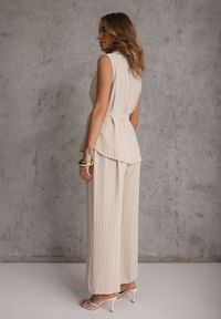 Renee - Beżowy Komplet z Wiskozy Spodnie Wide Leg i Koszula Bez Rękawów z Paskiem Adduin. Kolor: beżowy. Materiał: wiskoza #4