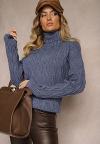 Renee - Granatowy Golf z Imitacją Splotu ze Ściągaczami Giovarella. Okazja: na spotkanie biznesowe. Typ kołnierza: golf. Kolor: niebieski. Materiał: jeans. Długość rękawa: długi rękaw. Długość: długie. Wzór: ze splotem. Styl: biznesowy, elegancki