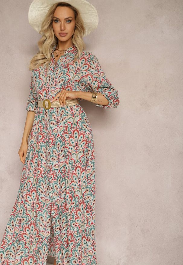 Renee - Zielono-Czerwona Koszulowa Sukienka z Dodatkowym Paskiem i Podpinanymi Rękawami Alonie. Kolor: czerwony. Typ sukienki: koszulowe