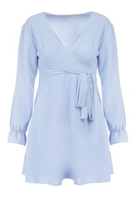 Born2be - Niebieska Sukienka Dyninca. Typ kołnierza: dekolt w kształcie V. Kolor: niebieski. Materiał: materiał, tkanina. Wzór: gładki. Typ sukienki: kopertowe. Styl: elegancki. Długość: mini #5