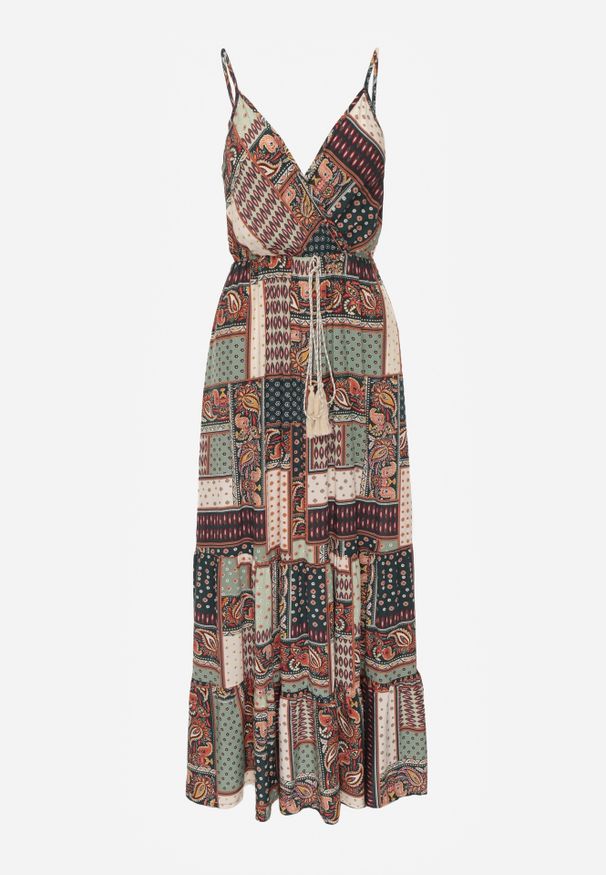 Renee - Zielona Wiskozowa Sukienka o Kopertowym Kroju w Print Patchwork Grehan. Kolor: zielony. Materiał: wiskoza. Długość rękawa: na ramiączkach. Wzór: nadruk. Typ sukienki: kopertowe. Styl: wakacyjny, boho. Długość: maxi