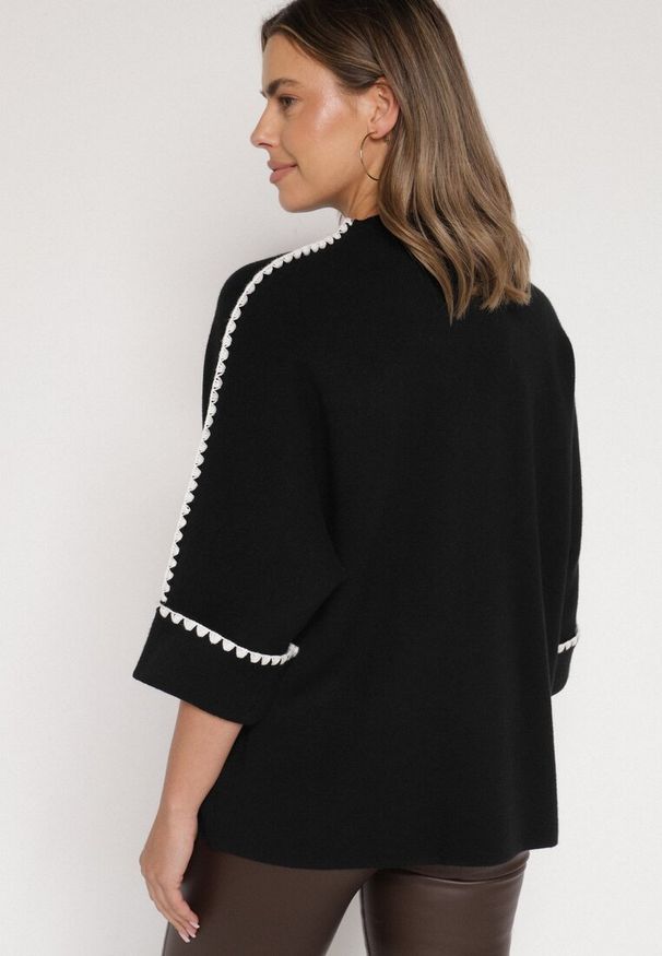 Born2be - Czarny Sweter z Kontrastową Lamówką Tuselle. Okazja: do pracy, na spotkanie biznesowe. Kolor: czarny. Materiał: jeans. Styl: biznesowy