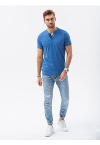 Ombre Clothing - T-shirt męski bez nadruku z guzikami - niebieski melanż V2 S1390 - XXL. Typ kołnierza: polo. Kolor: niebieski. Materiał: jeans, bawełna, poliester. Wzór: melanż