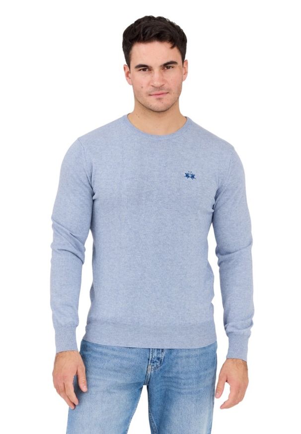 La Martina - LA MARTINA Błękitny sweter męski BASIC COTTON WOOL, Rozmiar M. Kolor: niebieski. Materiał: materiał, bawełna, wełna. Styl: klasyczny