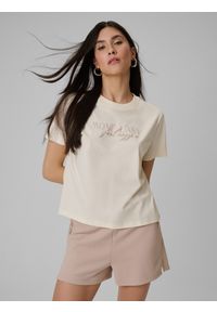 4f - 4F T-shirt boxy z nadrukiem damski - beżowy XS. Okazja: na co dzień. Kolor: beżowy. Materiał: jeans, materiał. Wzór: nadruk. Styl: casual #1
