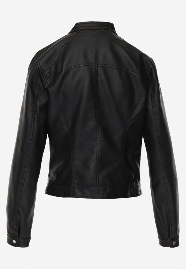 Born2be - Czarna Gładka Kurtka Ramoneska o Taliowanym Kroju Tessalin. Okazja: na co dzień. Kolor: czarny. Materiał: jeans, poliester. Wzór: gładki. Styl: casual