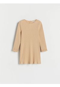 Reserved - Bawełniana sukienka w prążek - beżowy. Kolor: beżowy. Materiał: bawełna. Wzór: prążki #1