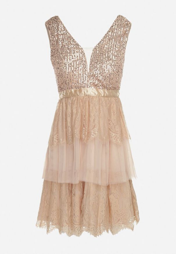 Born2be - Beżowa Rozkloszowana Sukienka Mini z Tiulowym Dołem i Cekinami Uriella. Kolor: beżowy. Materiał: tiul. Wzór: koronka. Długość: mini