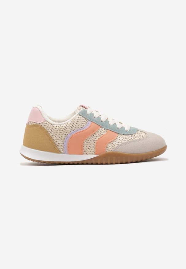 Born2be - Beżowo-Pomarańczowe Sneakersy Ozdobione Plecionką i Geometrycznym Wzorem Aniffia. Okazja: na co dzień. Kolor: beżowy. Wzór: geometria, aplikacja