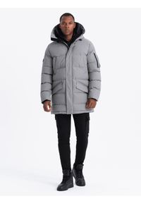 Ombre Clothing - Długa męska kurtka parka ze strukturalnej tkaniny – szara V2 OM-JALJ-0201 - XXL. Kolor: szary. Materiał: tkanina. Długość: długie. Wzór: aplikacja #6