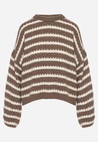 Born2be - Brązowy Sweter Oversize z Wełną i Wiskozą o Luźnym Splocie w Paski Ternose. Okazja: na co dzień. Kolor: brązowy. Materiał: wełna, wiskoza. Wzór: ze splotem, paski. Styl: klasyczny, casual #4