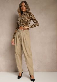 Renee - Beżowe Spodnie High Waist z Bawełny o Szerokim Kroju Nalitia. Okazja: na co dzień. Stan: podwyższony. Kolor: beżowy. Materiał: bawełna. Styl: casual