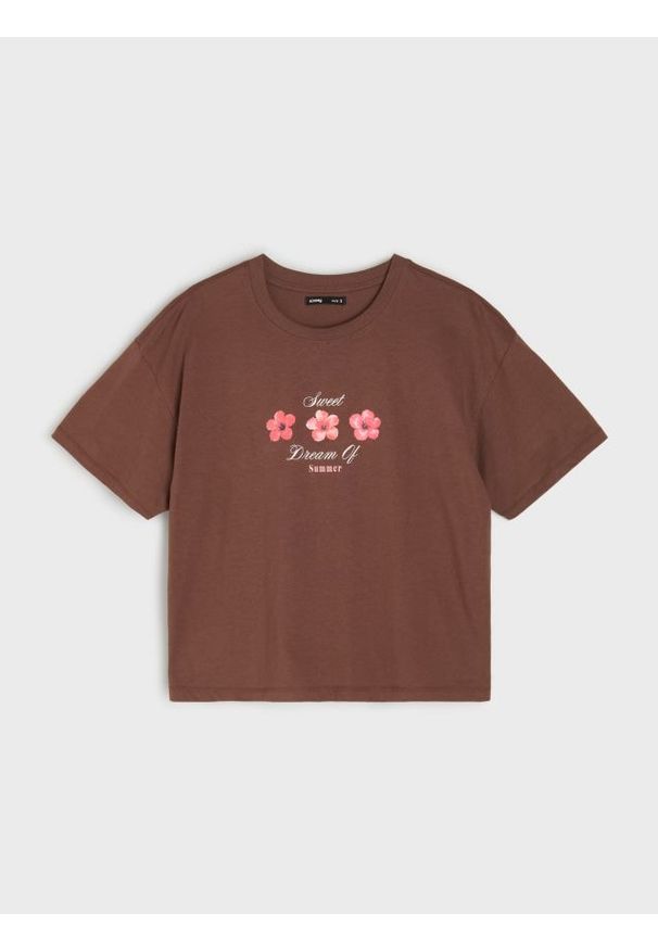 Sinsay - Bawełniana koszulka z nadrukiem kwiatowym - brązowy. Kolor: brązowy. Materiał: bawełna. Wzór: nadruk, kwiaty