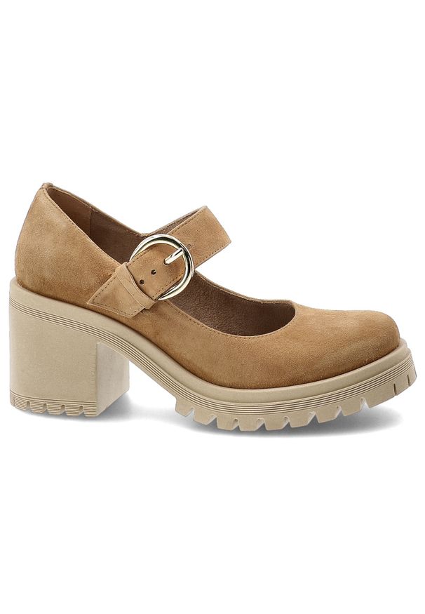 Półbuty damskie Armodo, cholewka ze skóry naturalnej zamszowej pasek z regulacją na metalową klamrę zabudowany przód na wysokim obcasie, brązowe, 201. Zapięcie: klamry. Kolor: brązowy. Materiał: skóra, zamsz. Szerokość cholewki: normalna. Obcas: na obcasie. Wysokość obcasa: wysoki