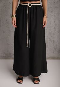 Renee - Czarne Wiskozowe Spodnie Typu Palazzo High Waist Ozdobione Paskiem Sznurkiem Alemea. Okazja: na co dzień. Stan: podwyższony. Kolor: czarny. Materiał: wiskoza. Długość: krótkie. Wzór: aplikacja. Styl: boho, casual #7