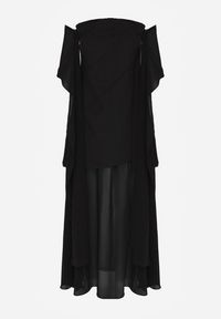 Born2be - Czarna Koktajlowa Sukienka z Odkrytymi Ramionami i Dodatkowym Szalem Krynaya. Okazja: na imprezę. Kolor: czarny. Długość rękawa: na ramiączkach. Typ sukienki: z odkrytymi ramionami. Styl: wizytowy #4