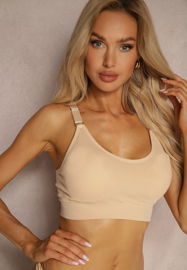 Renee - Beżowy Biustonosz w Typie Sportowego Topu z Koronką Nevenelle. Kolor: beżowy. Materiał: koronka. Wzór: koronka
