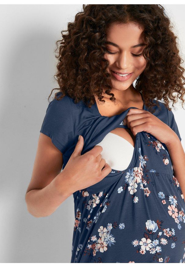 bonprix - Sukienka ciążowa i do karmienia piersią 2 w 1 z dżerseju z wiskozy. Kolekcja: moda ciążowa. Kolor: niebieski. Materiał: materiał, wiskoza, jersey. Wzór: kwiaty. Sezon: lato