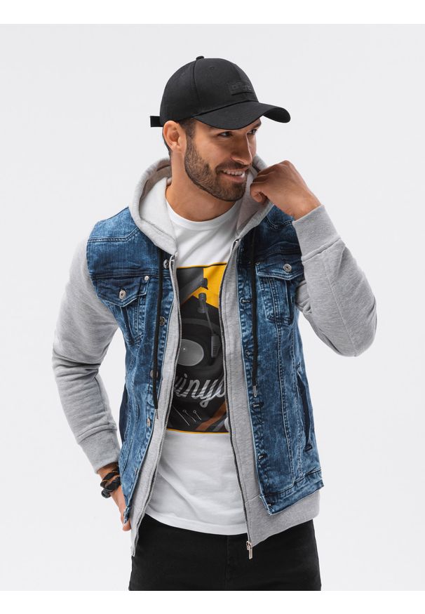 Ombre Clothing - Kurtka męska jeansowa C322 - jeans/szara - XXL. Typ kołnierza: kaptur. Kolor: szary. Materiał: jeans. Styl: klasyczny