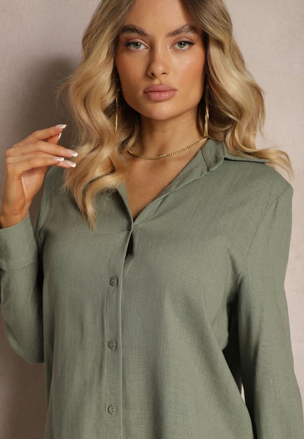 Renee - Zielony Wiskozowy Komplet Spodnie z Szerokimi Nogawkami i Gumką w Talii Koszula na Guziki Tinamars. Kolor: zielony. Materiał: wiskoza