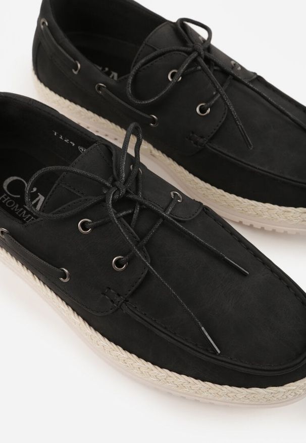 Born2be - Czarne Półbuty Ozdobione Plecionką i Wiązaniem Ariemare. Okazja: na co dzień. Kolor: czarny. Materiał: jeans. Wzór: aplikacja. Styl: casual, klasyczny, elegancki